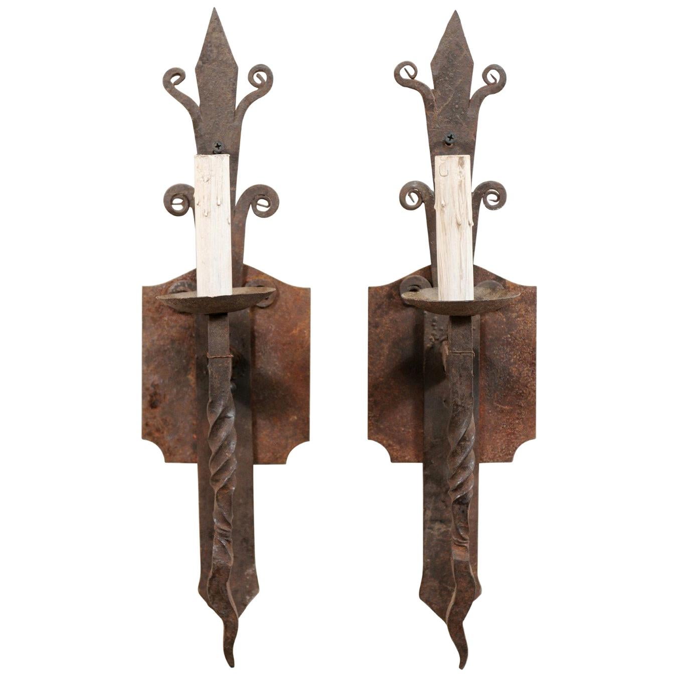 Pair of French Single-Light Iron Sconces from the Mid-20th Century