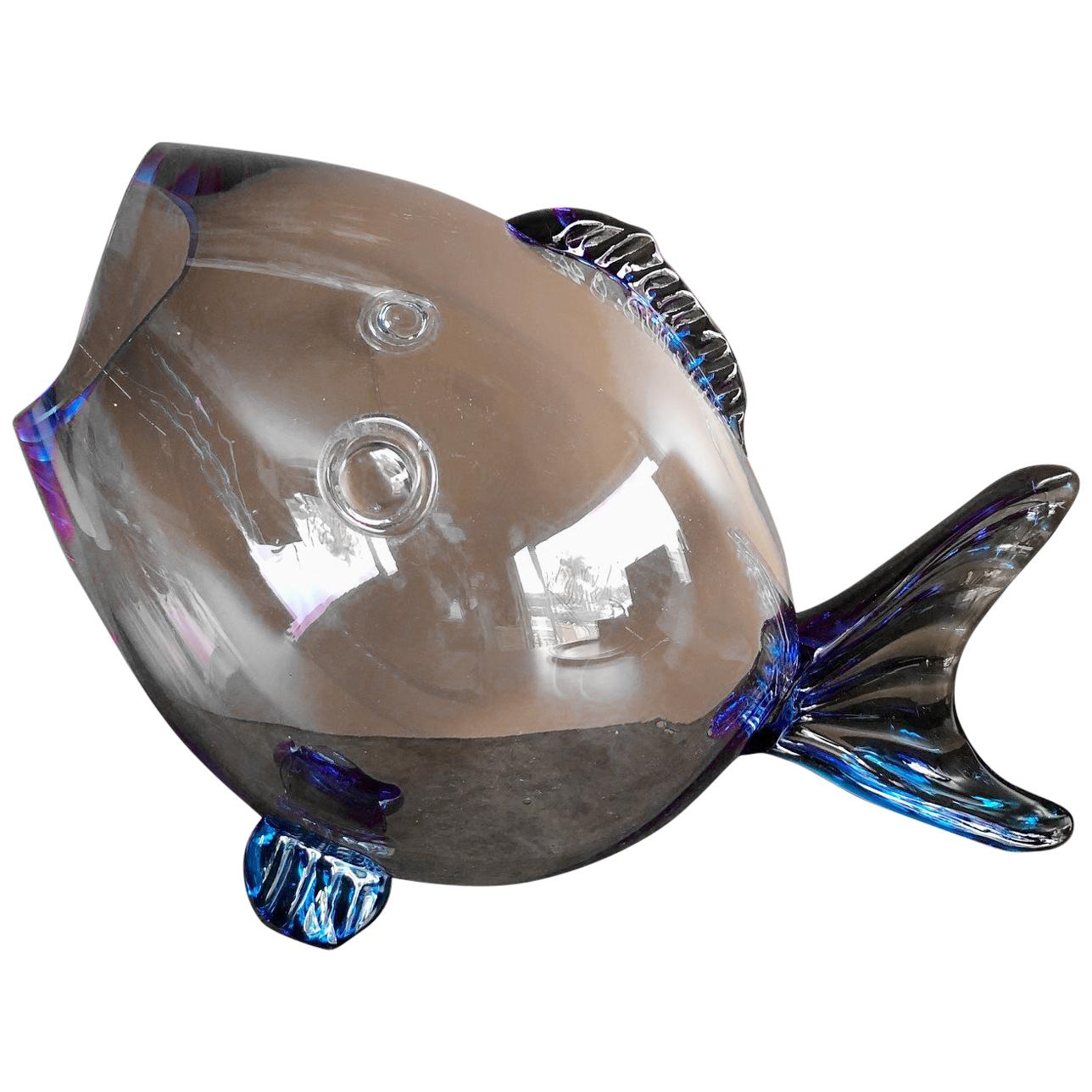 Midcentury Blue Glass Fish Vase by Blenko