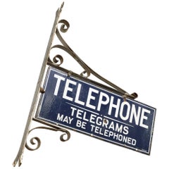 Early 20th Century Double-Sided Enamel Telephone Telegram Sign, Ornate Bracket