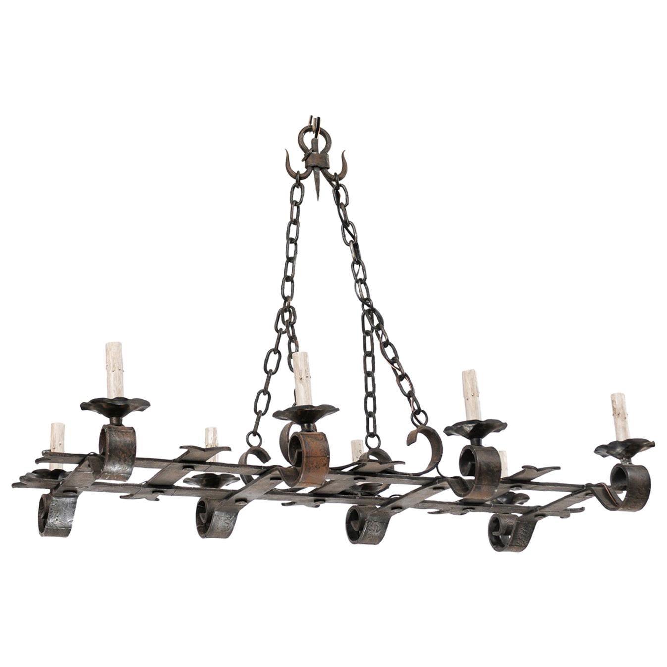 French Forged-Iron Eight-Light Chandelier in Rectangular Shape, Mid-20th Century