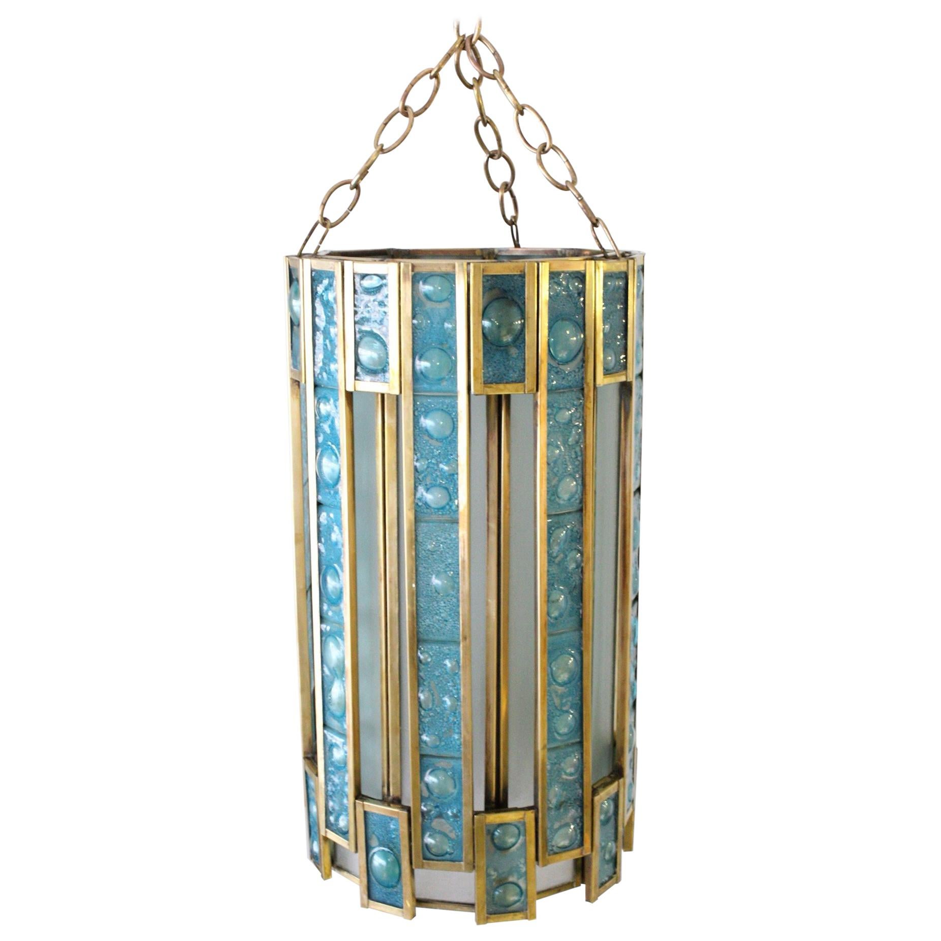 Mexican Modernist Glass and Brass Chandelier by Feders