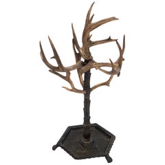 Deer Antler, Carved Wood and Metal Umbrella Stand German, 1910s