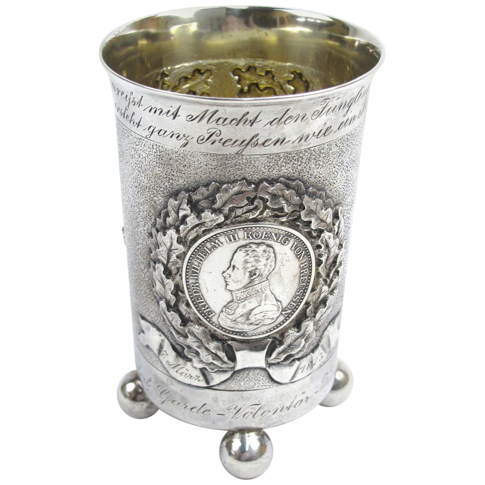 German Silver Footed Beaker Cup Napoleonic War Prussian Veteran W/ Medal Insets For Sale