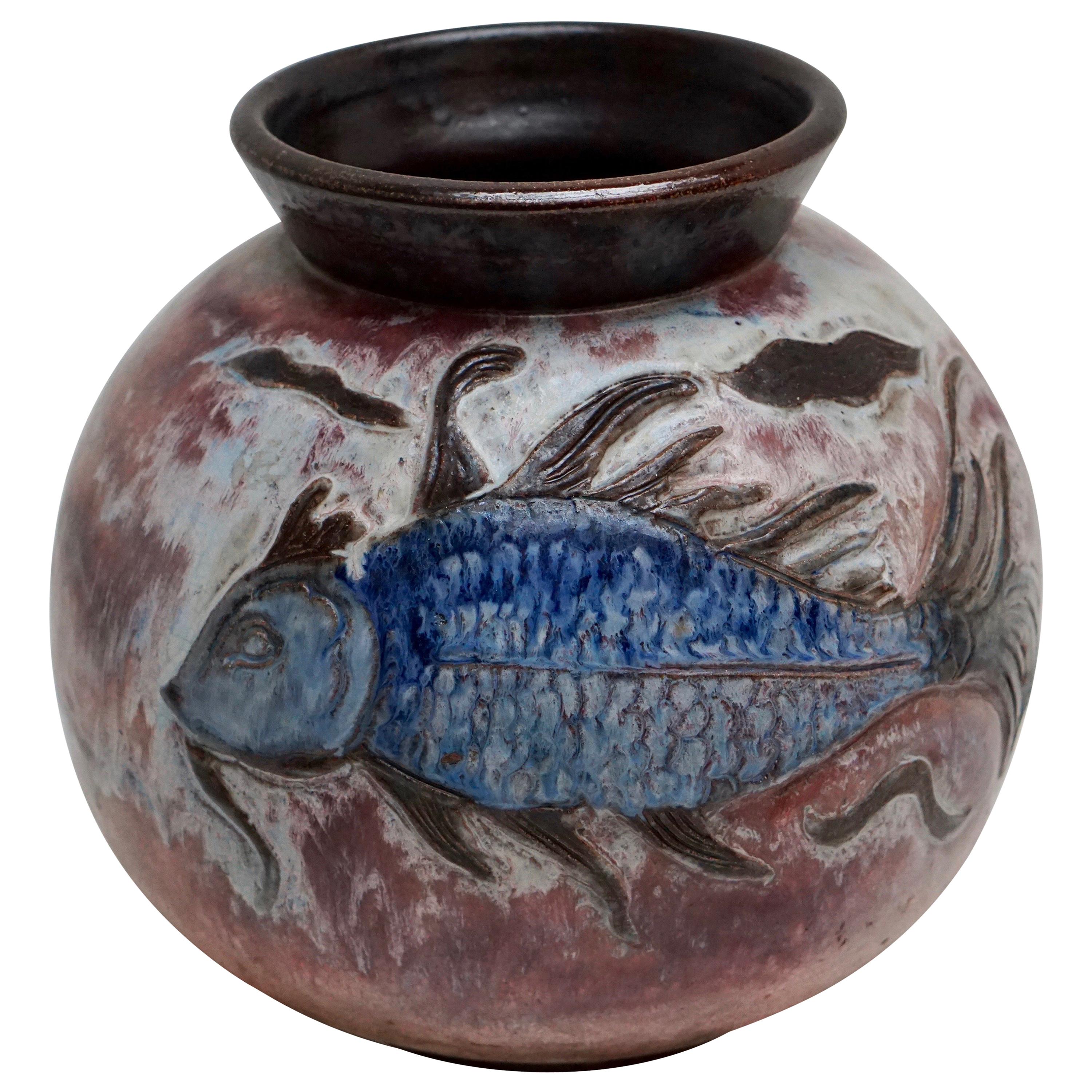 Large Ceramic Vase with Fish Decor, Belgium, circa 1930s For Sale