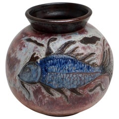 Large Ceramic Vase with Fish Decor, Belgium, circa 1930s