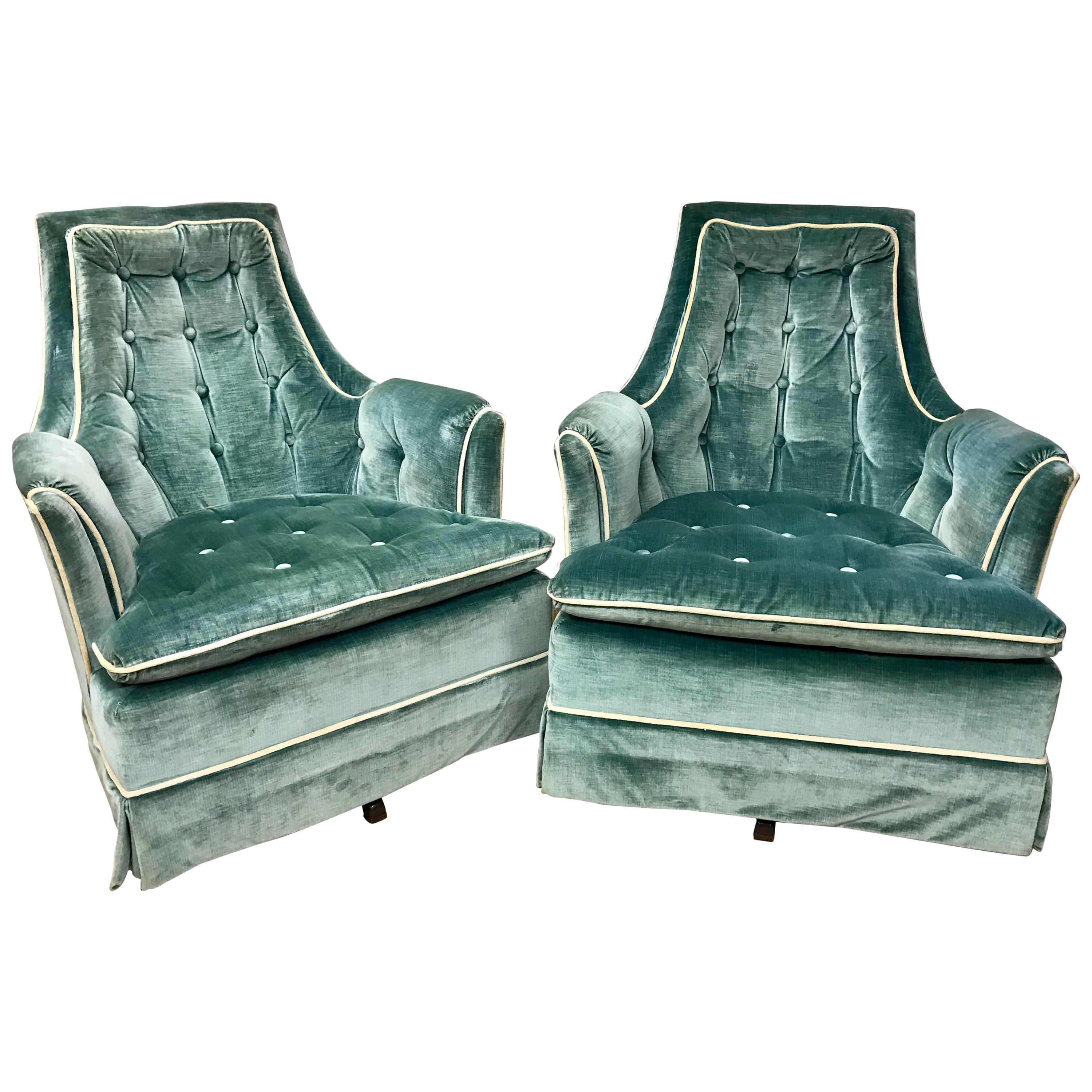 Pair of Vintage Drexel Velvet Tufted Swivel Chairs Rockers