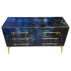 Blue Lapis Lazuli Effect Opaline Glass Chest of Drawers Brass Details, 1980s