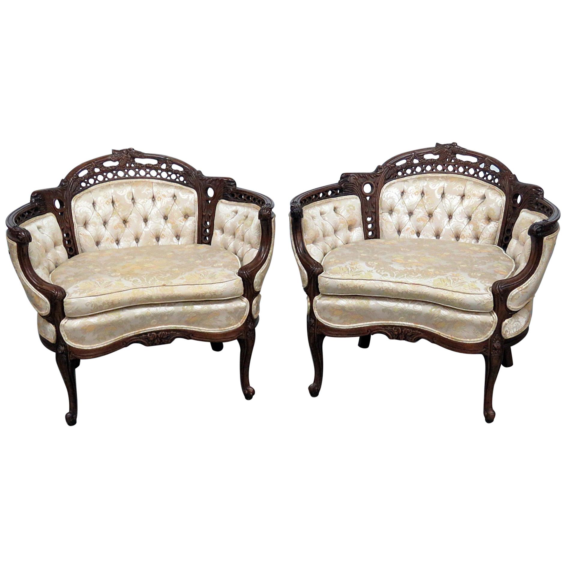 Pair of French Carved Mahogany Tufted Louis XV Style Marquis Bergere Chairs