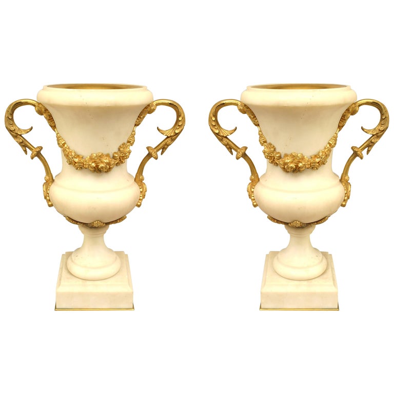 Pair of French Louis XVI Style Ormolu and White Marble Urns For Sale