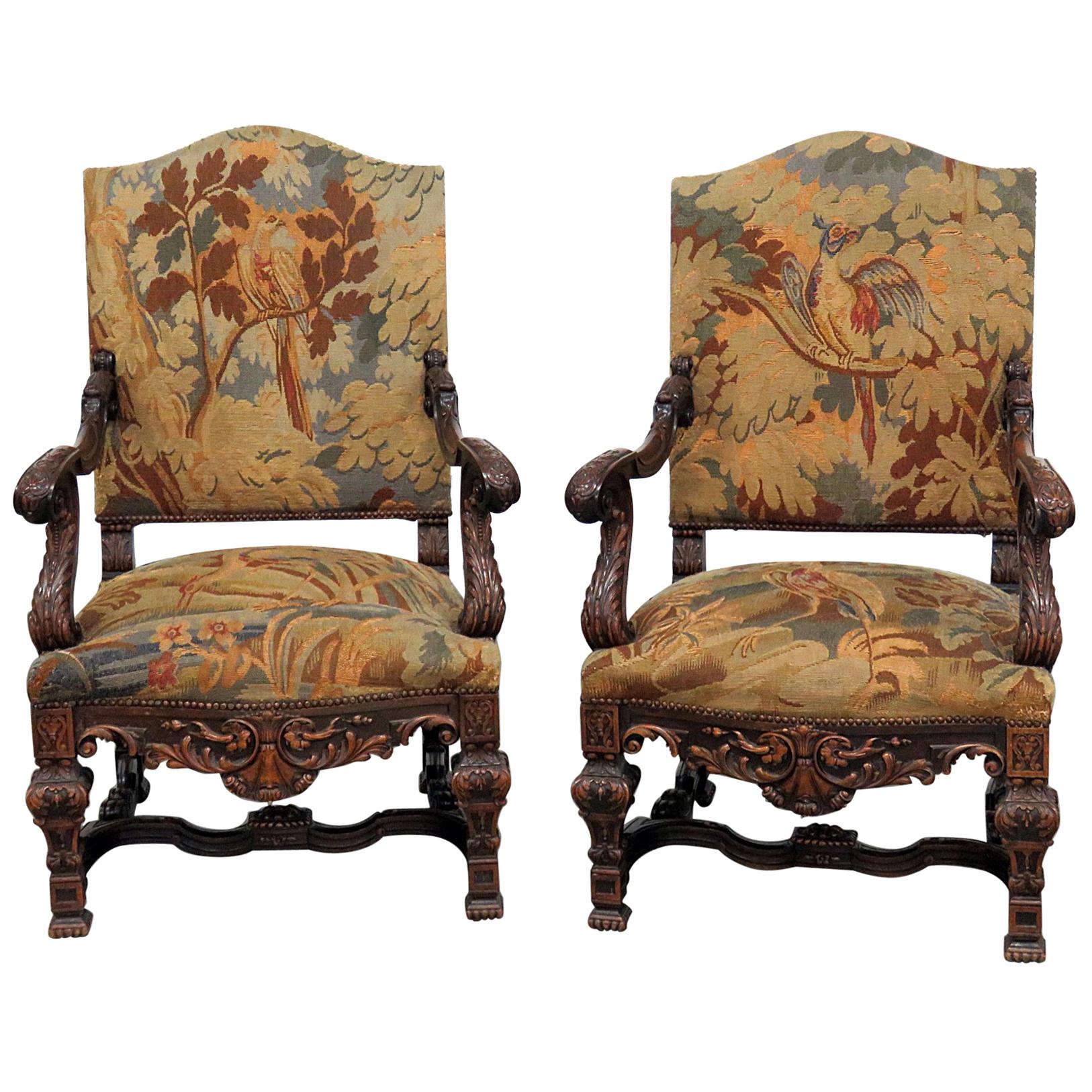 Pair of Belgian Renaissance Style Needlepoint Armchairs