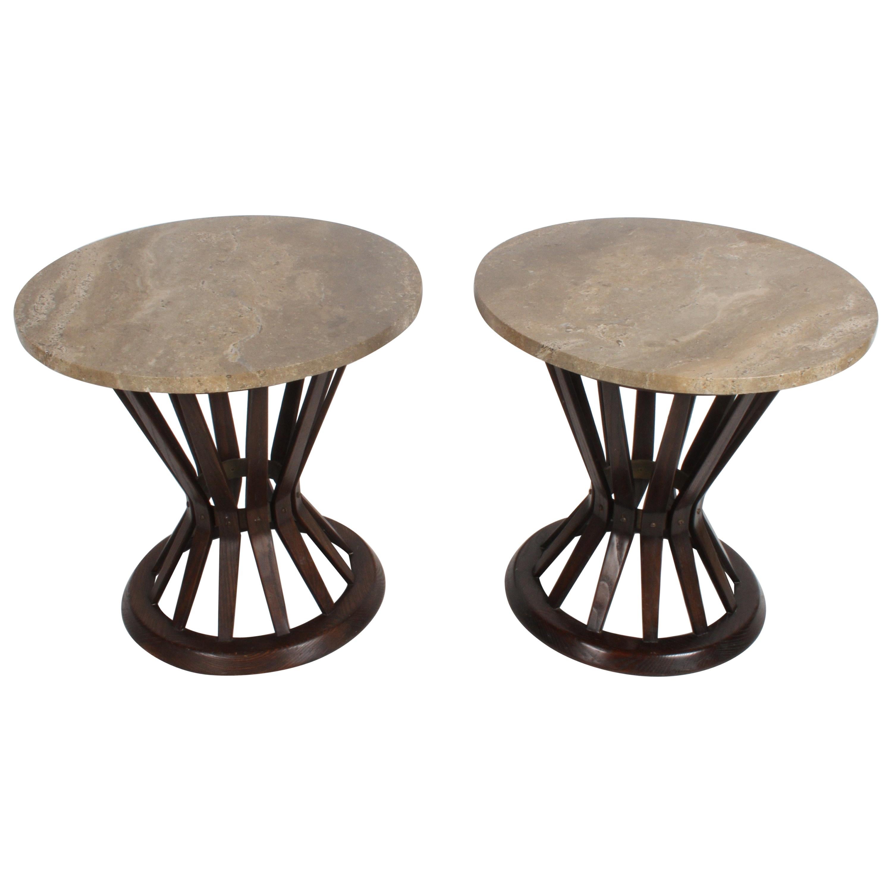 Pair of Edward Wormley for Dunbar "Sheaf of Wheat" Tables with Travertine Tops 