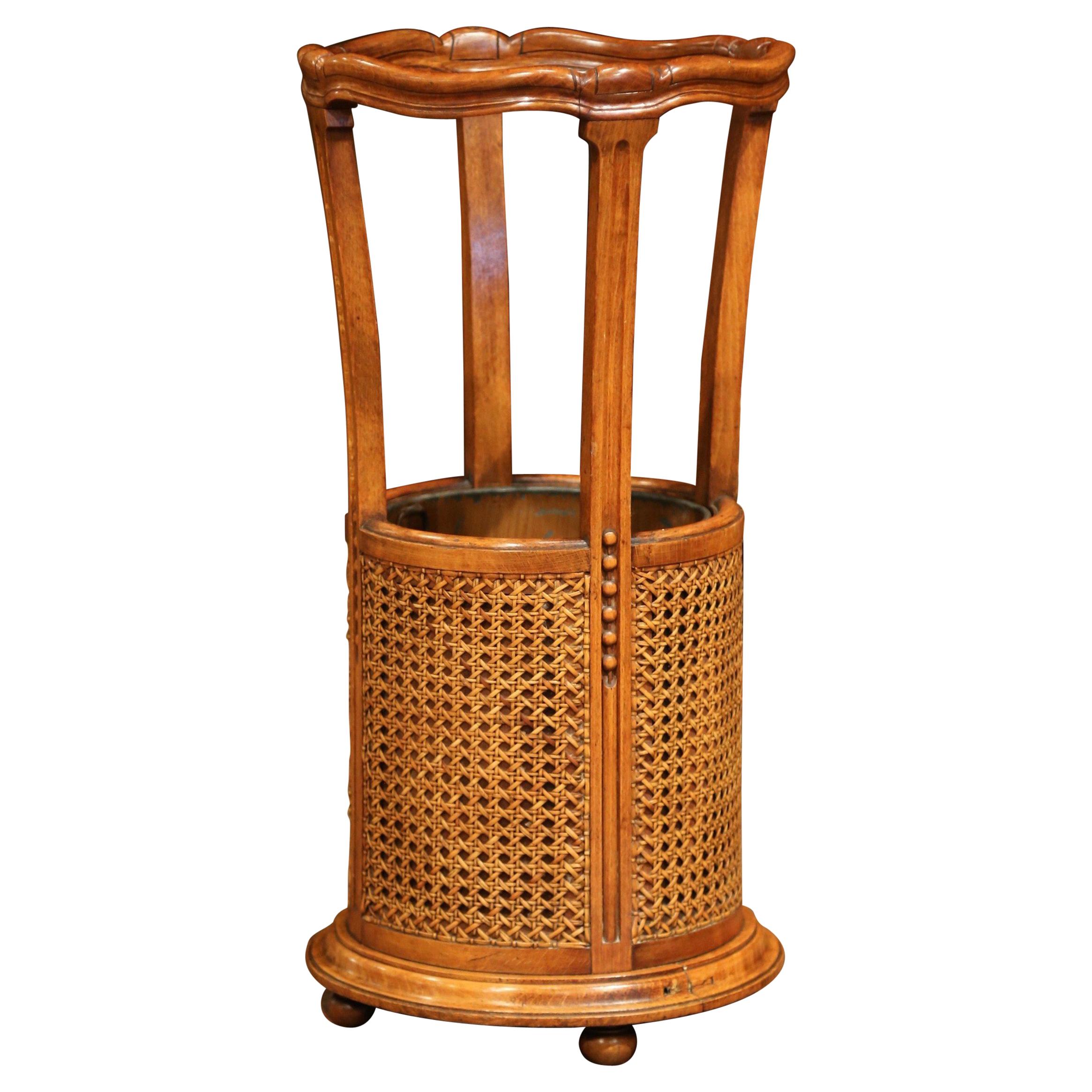 Early 20th Century French Carved Walnut and Cane Umbrella and Cane Stand