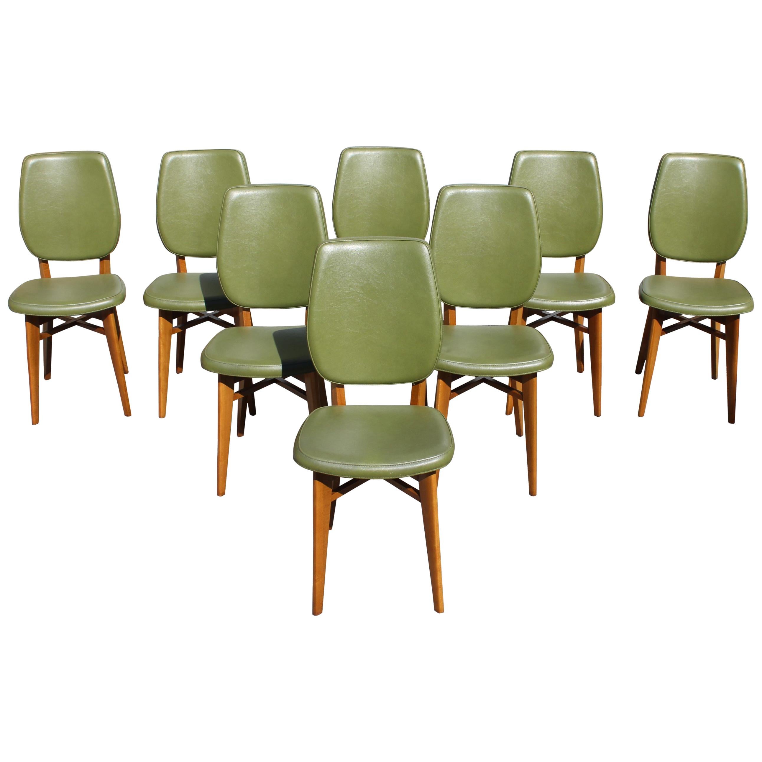 Classic Set of 8 French Art Deco Solid Mahogany Dining Chairs, circa 1940s