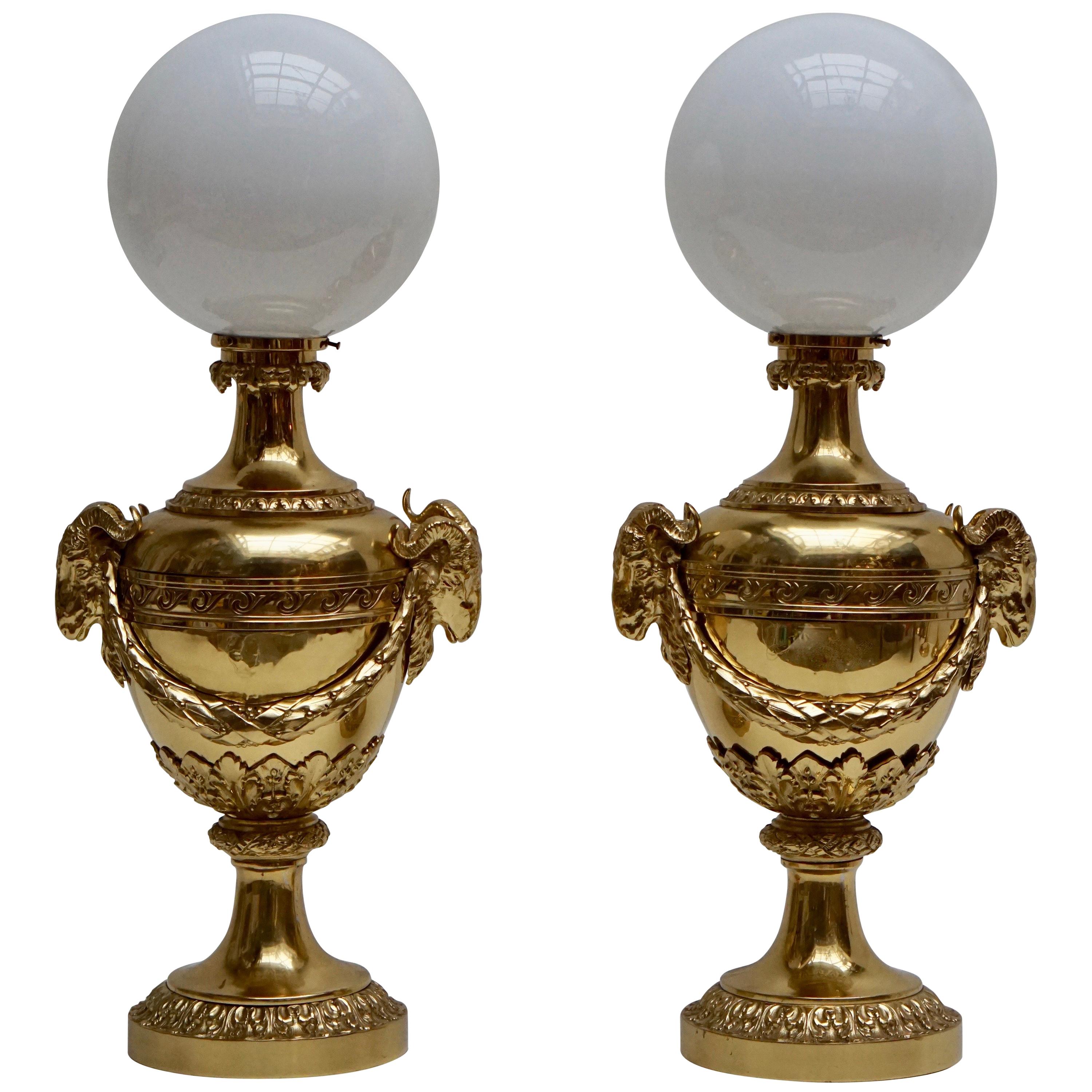 Pair of Mid-20th Century Hollywood Regency Rams Head Urn Lamps