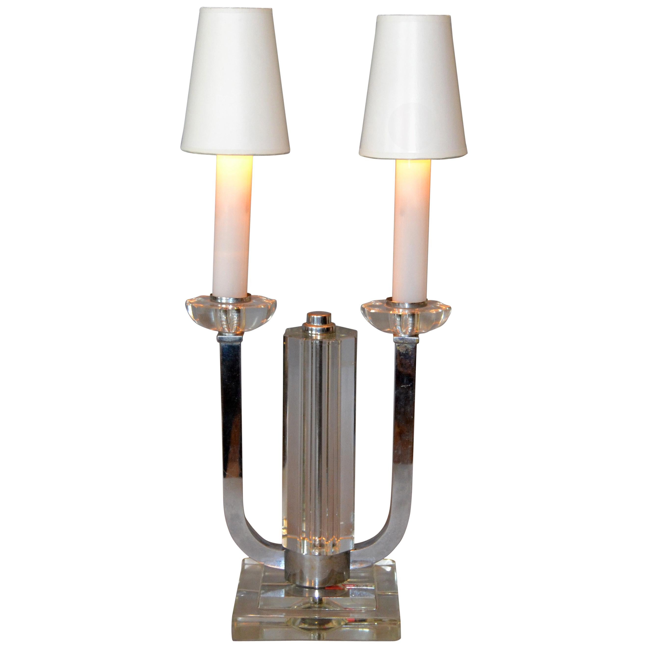 Boris Jean Lacroix French Art Deco Nickel and Crystal Table Lamp
