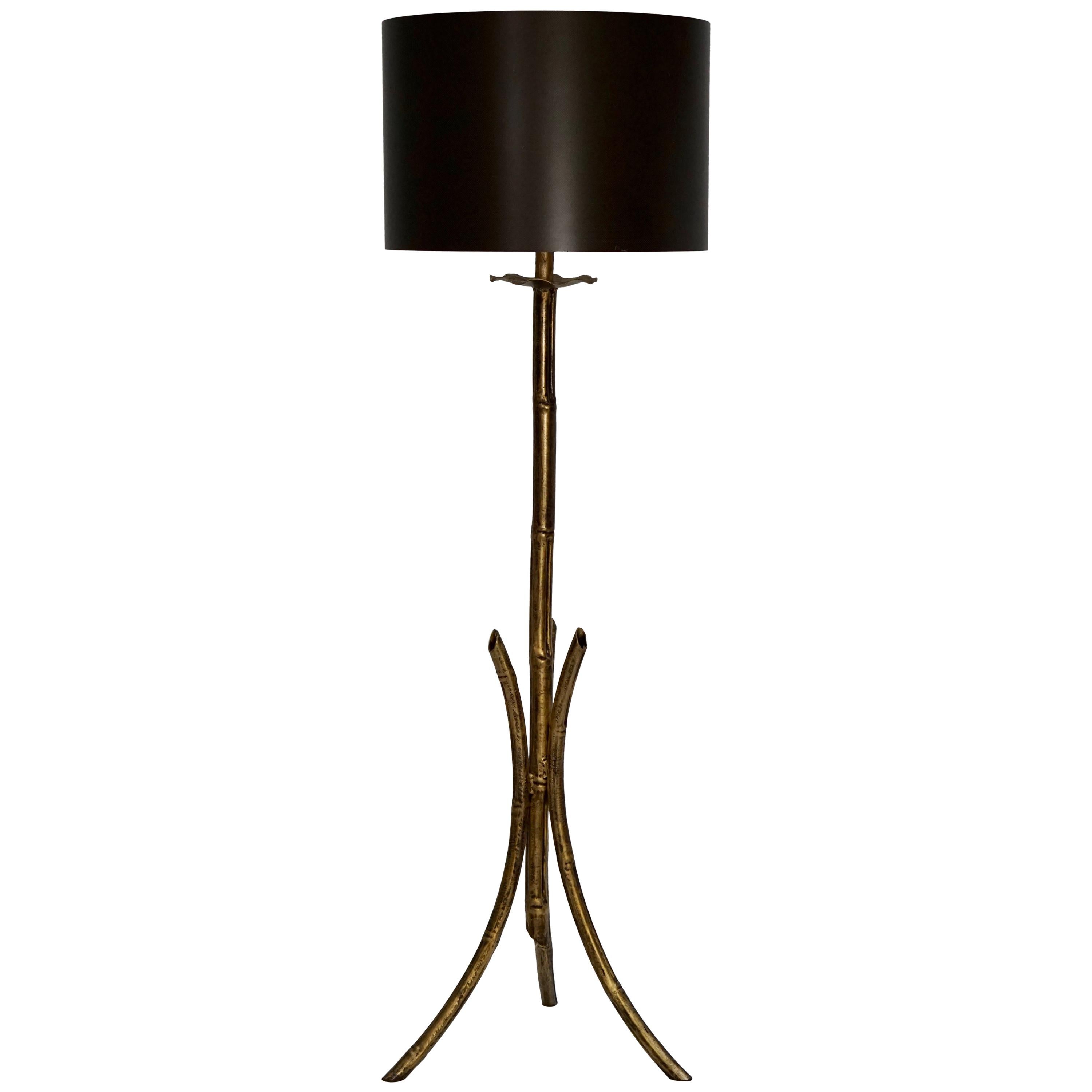 French Mid-Century Modern Gilt Iron Faux Bamboo Floor Lamp For Sale