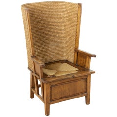 Late 19th Century Scottish Oak and Woven Straw Orkney Chair, Armchair, Bergere