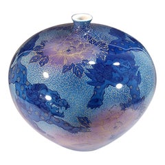 Japanese Contemporary Blue Pink Porcelain Vase by Master Artist, 4