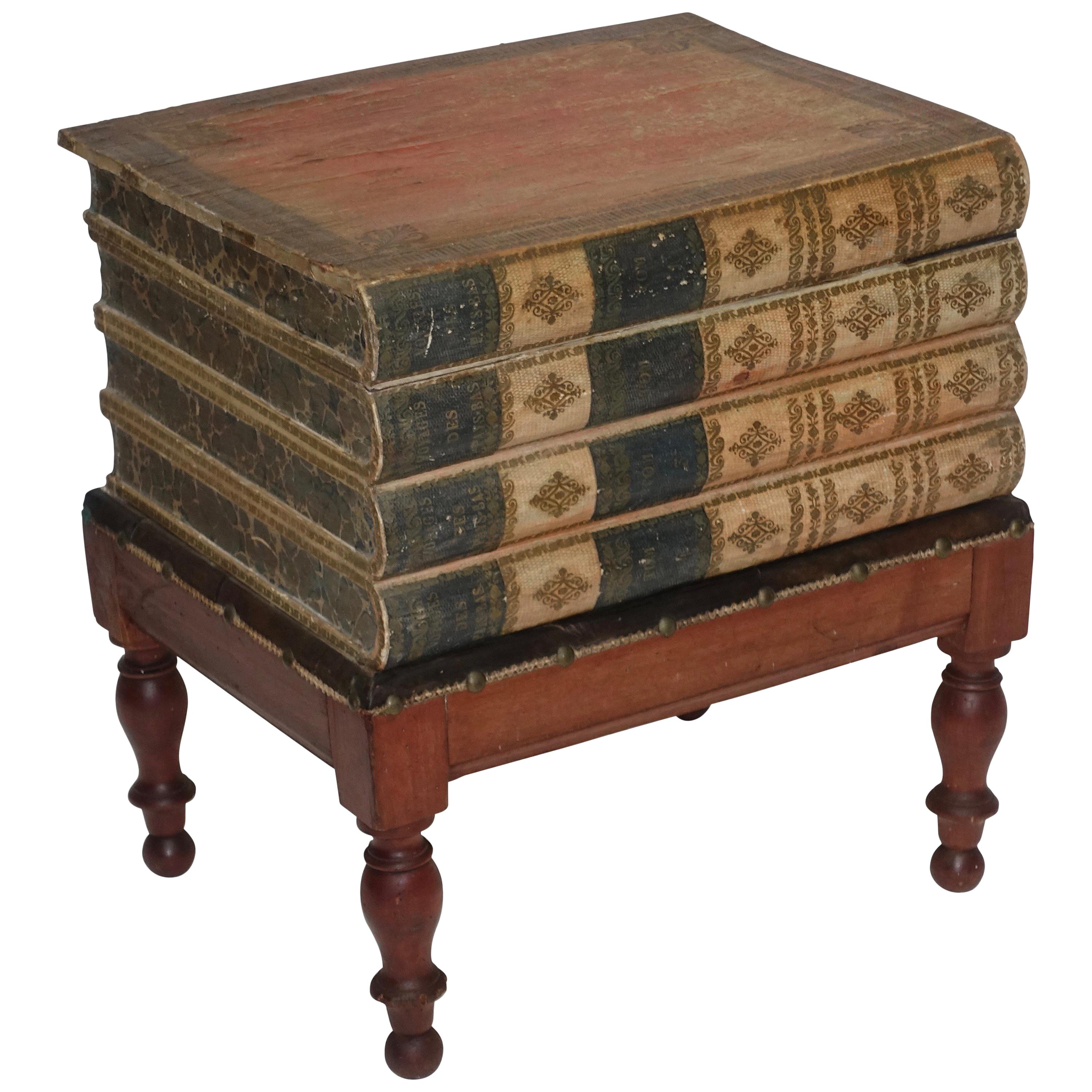 Regency Leather Faux Book Box on Painted Stand or End Table, English, circa 1830 For Sale