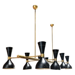 Vintage Midcentury Chandelier in Brass and Lacquered Metal with 8 Lights, Italy, 1960s