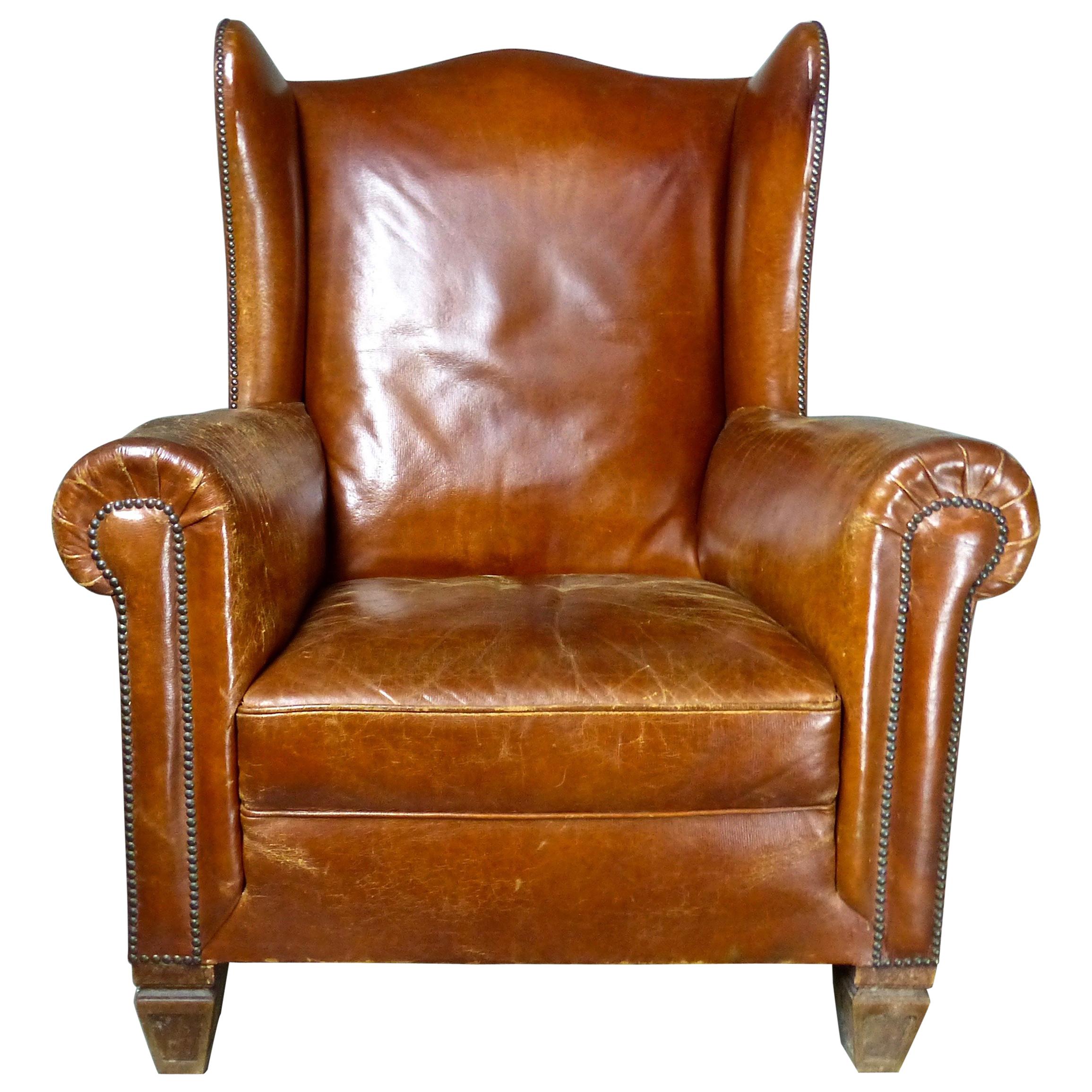 1920s Italian Leather Wingback Armchair