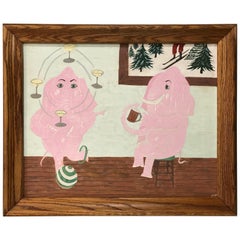 1950s Oil on Masonite Painting of Two Drunk Pink Elephants