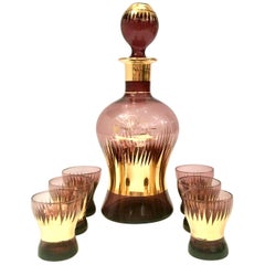 Mid-Century Art Deco Style Bohemia Glass Amethyst & 22-Karat Gold Drinks S/7