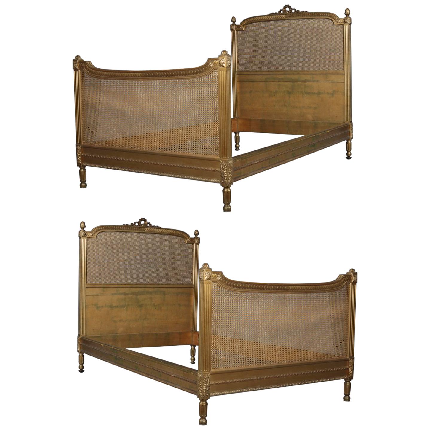 Pair Antique R.J. Horner Giltwood and Pressed Cane French Style Twins Beds