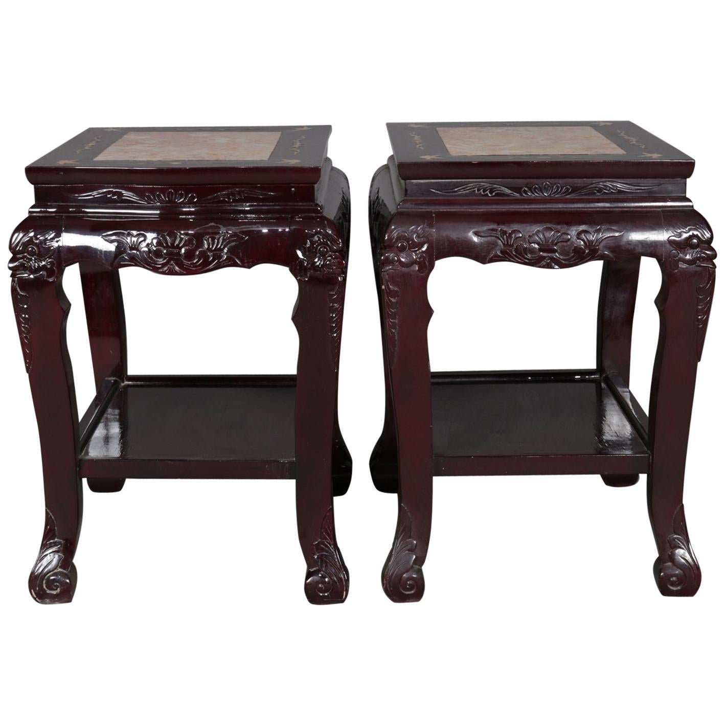 Figural Chinese Mother of Pearl Inlaid Carved Hardwood Marble-Top Tables
