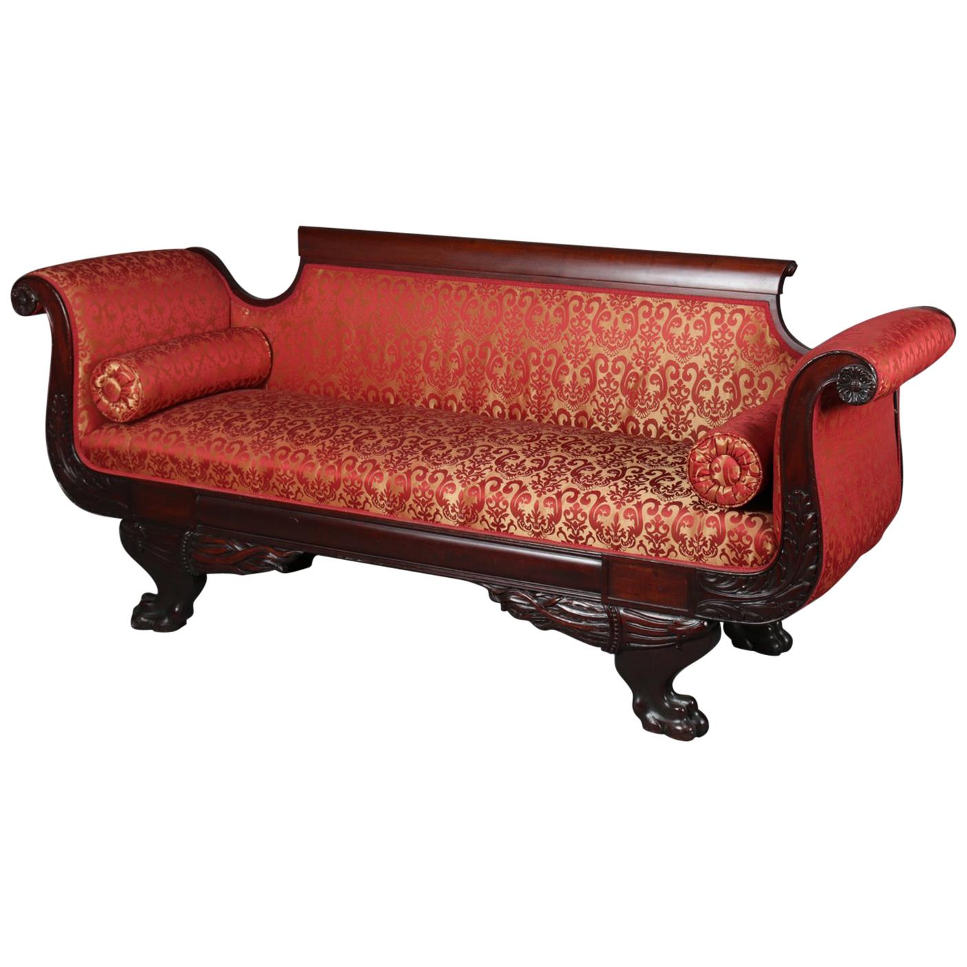 Antique Classical American Empire Carved Flame Mahogany Upholstered Sofa