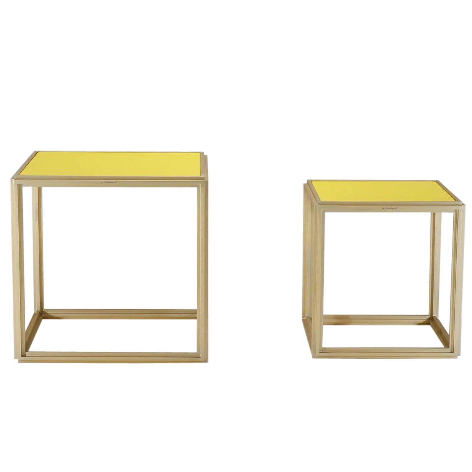 Collection of Two Brass Low Tables, Leather Top, One of a Kind by P. Tendercool For Sale