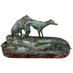 Ary Bitter Reclining Diana the Huntress with 2 Greyhounds Bronze Art Deco 