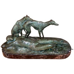 Ary Bitter Reclining Diana the Huntress with 2 Greyhounds Bronze Art Deco