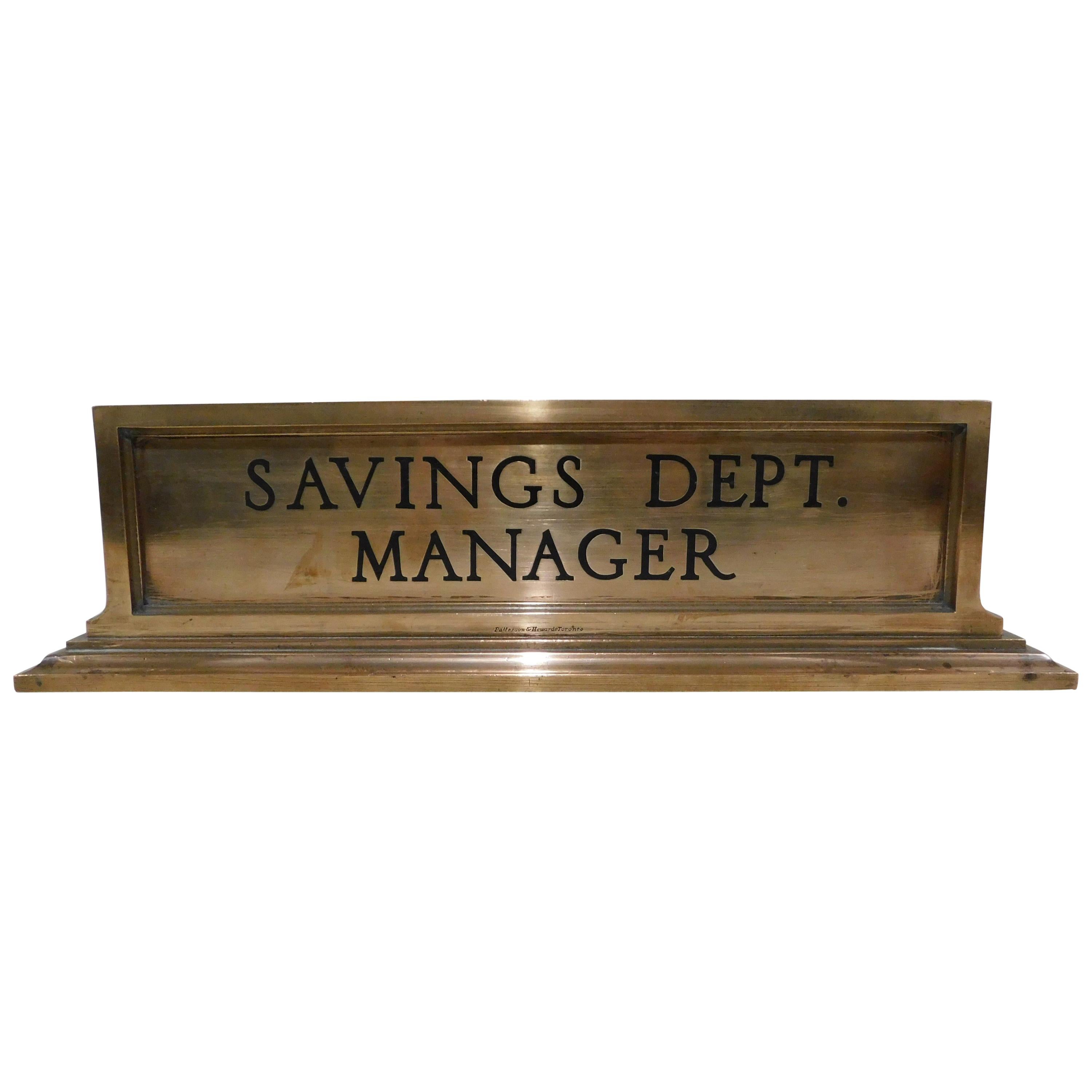 Vintage Heavy Bronze Savings Department Manager Desk Name Plate Sign, circa 1925 For Sale