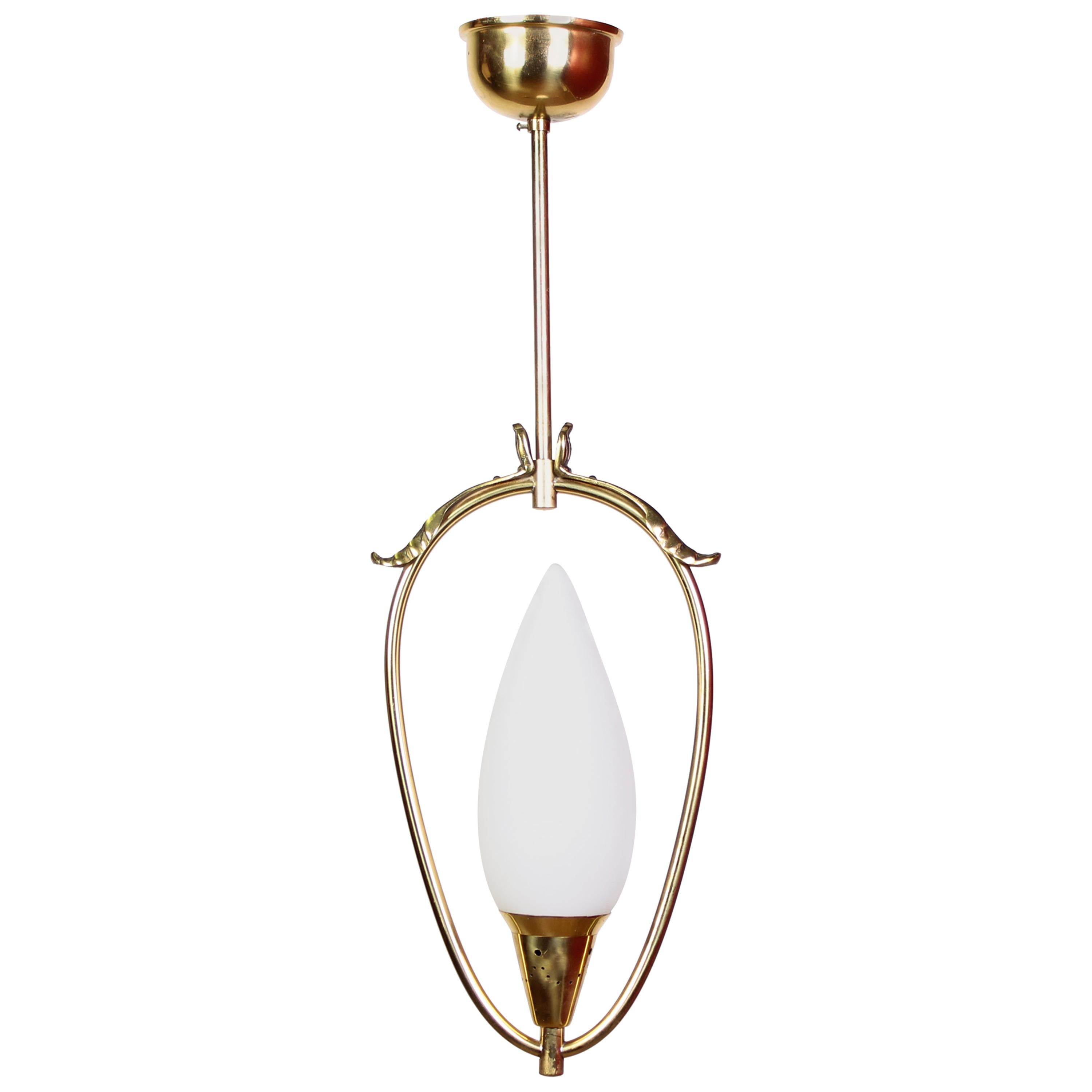 Swedish Brass and Opaline Glass Ceiling Lamp, 1940s For Sale