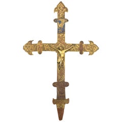 Antique Processional Cross with Christ. Copper, Enamel. Limoges, France