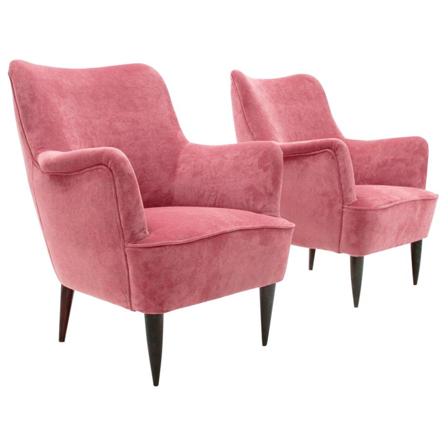 Italian Midcentury Pink Velvet Armchair, 1950s, Set of 2