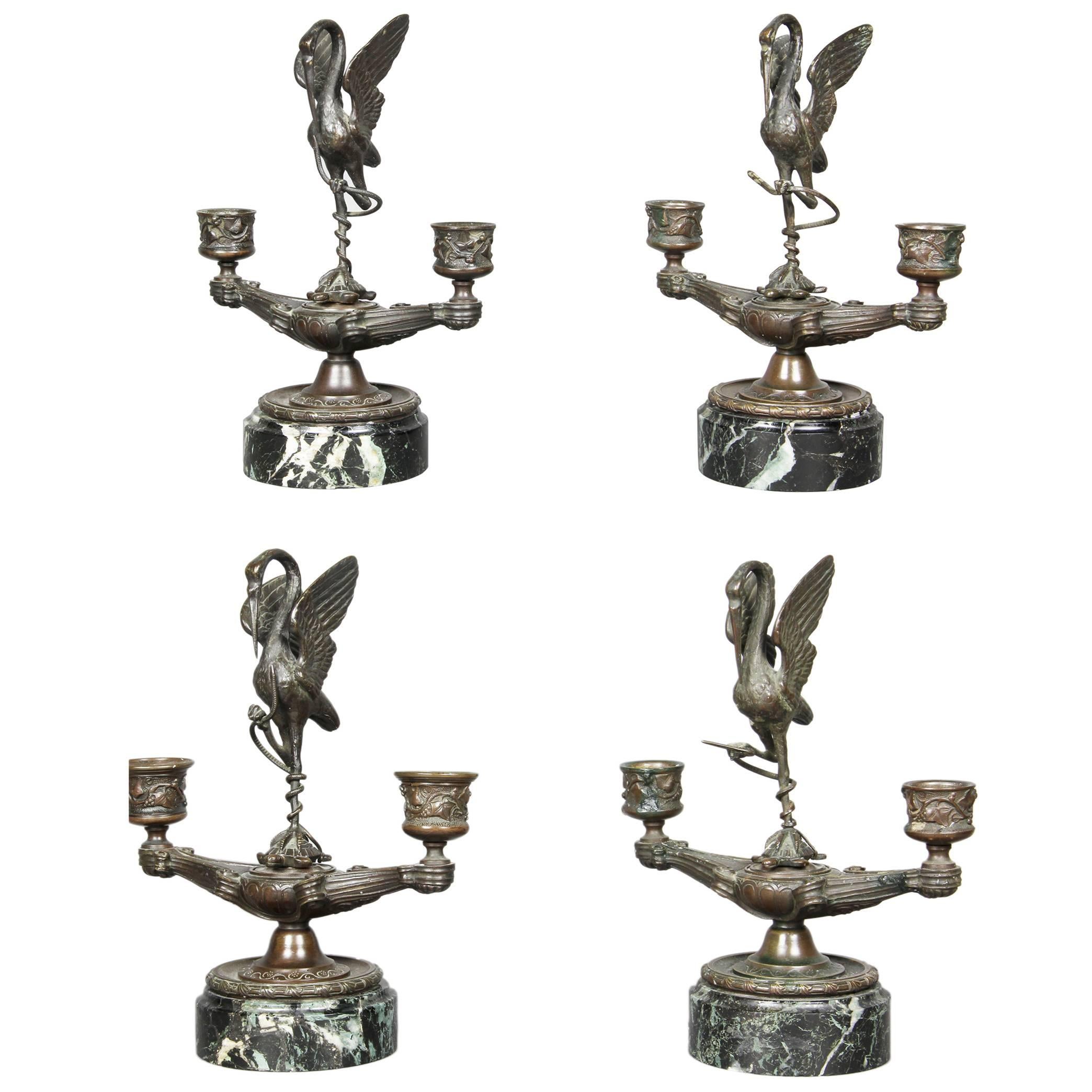 Set of Four Etruscan Revival Bronze and Marble Candlesticks