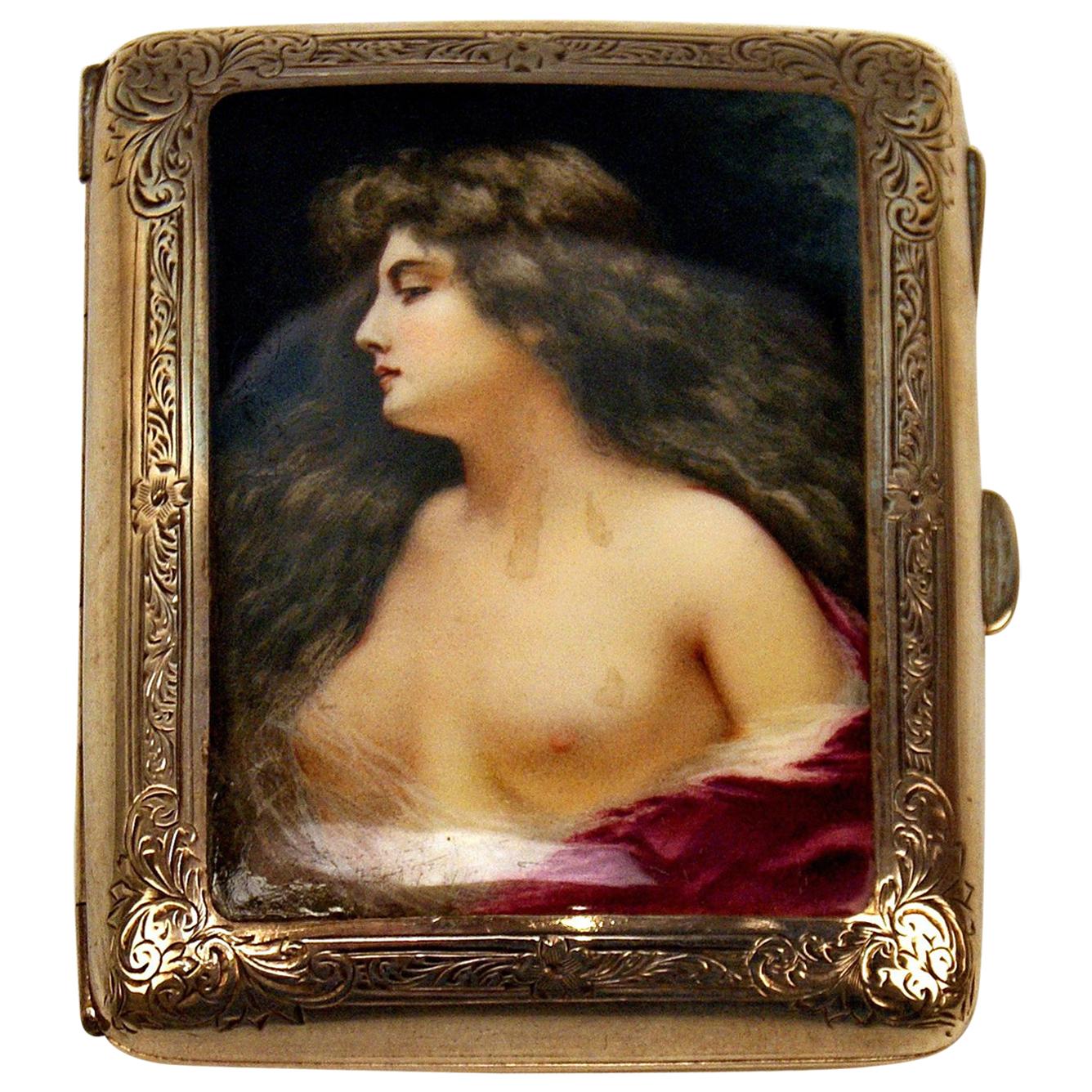 Sterling Silver Erotica Cigarette Box Enamel Painting Lady Nude, Birmingham 1902