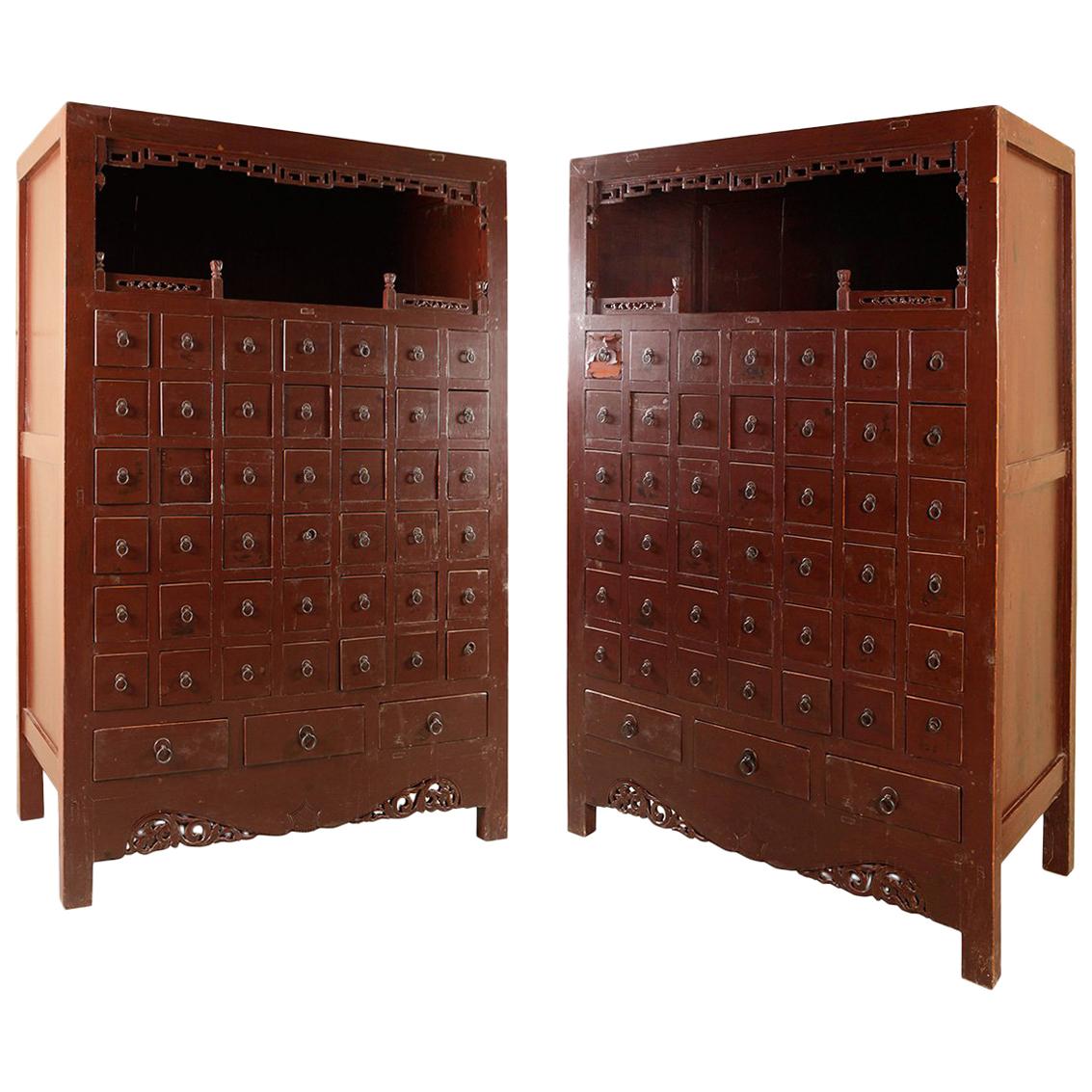 Set of Two Oriental Apothecary Cabinets Wood, Metal Possibly China, 19th Century For Sale