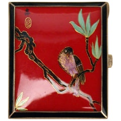 Vintage Sterling Silver 935 Cigarette Box Enamel Painting Bird on Sprig, circa 1930