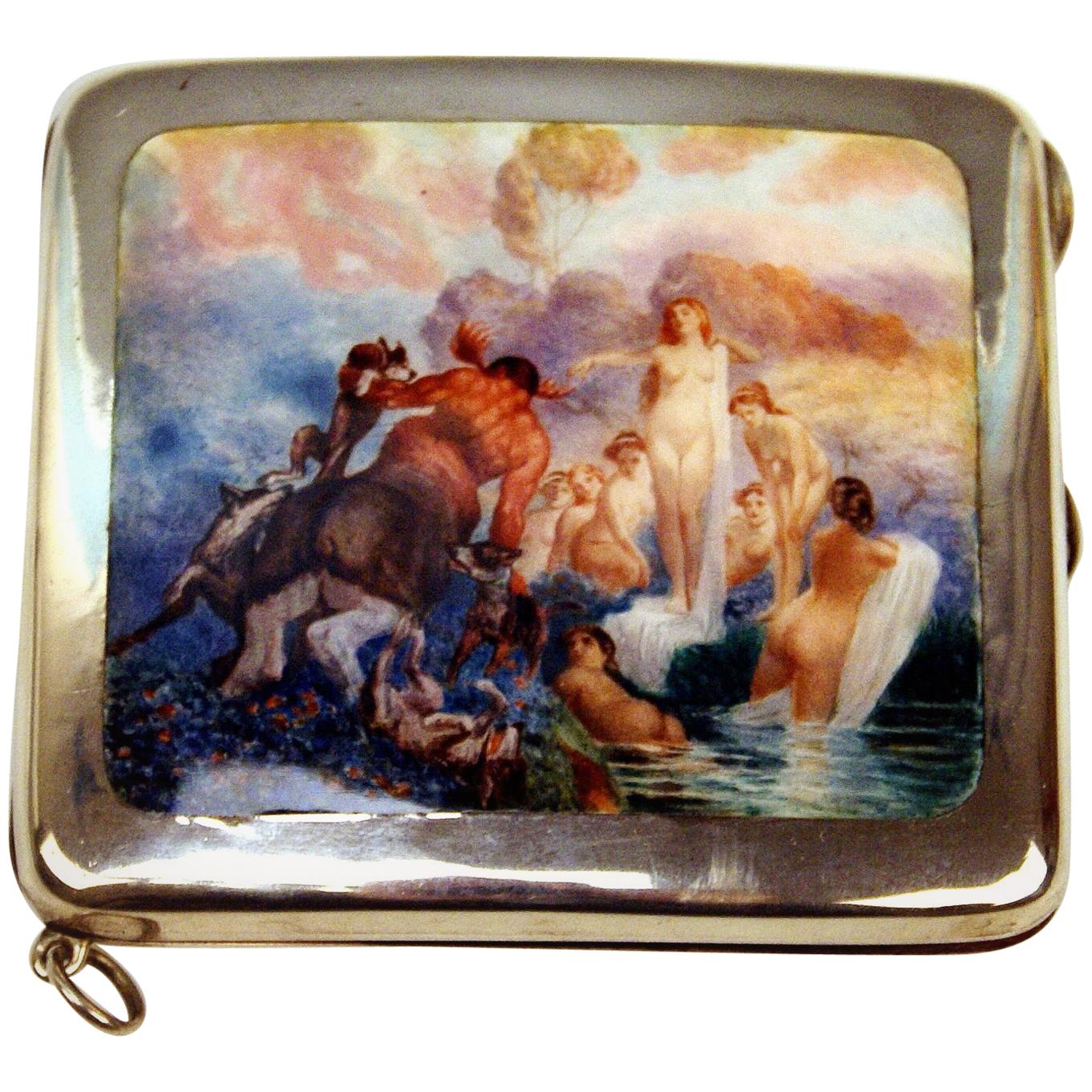 Silver 925 Cigarette Box Enamel Painting Luna and Centaur Possibly, Italy