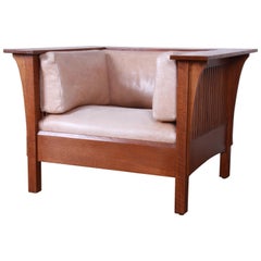 Retro Stickley Mission Prairie Armchair with Tan Leather Upholstery