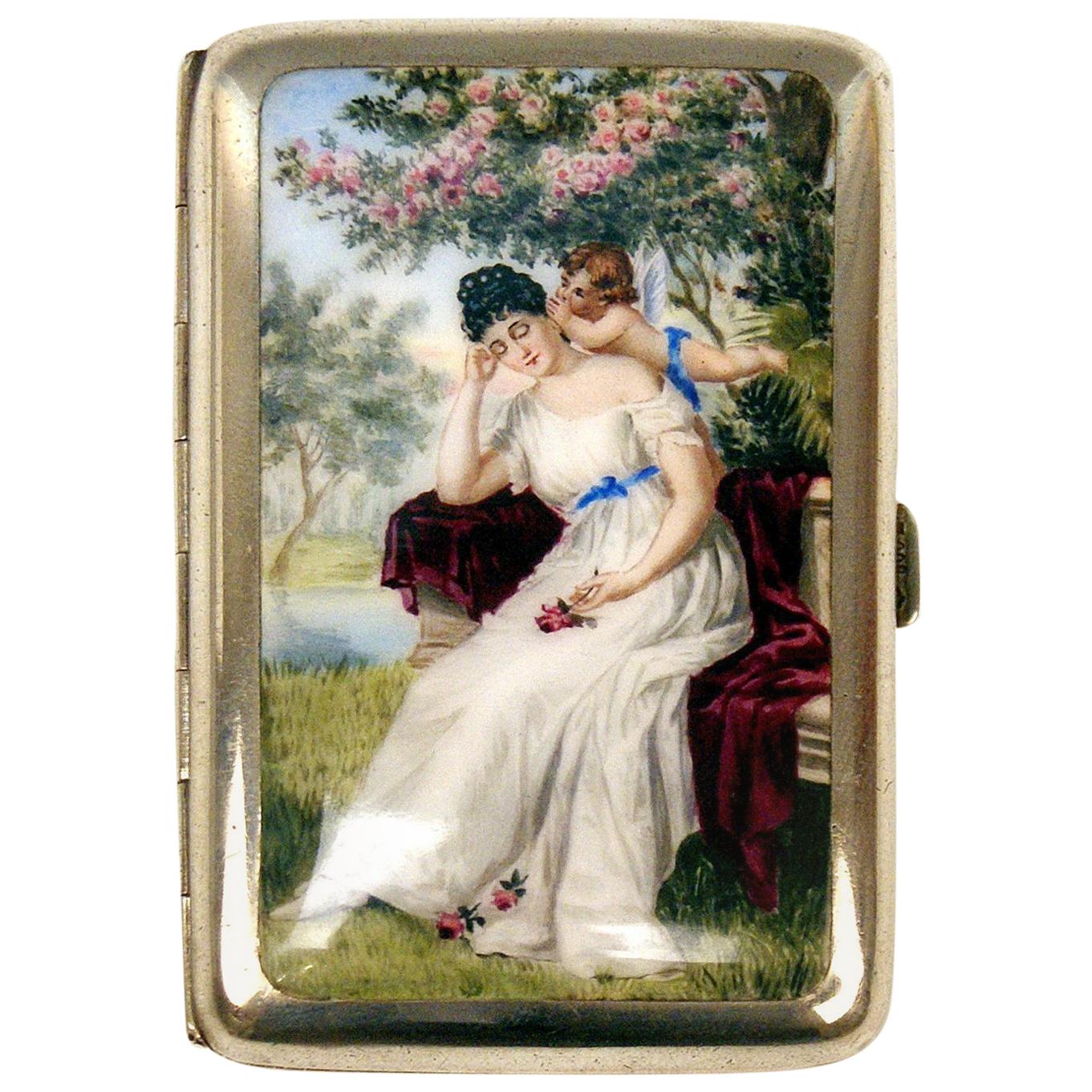 Silver 800 Cigarette Box Enamel Painting Lady with Cherub Germany, circa 1880