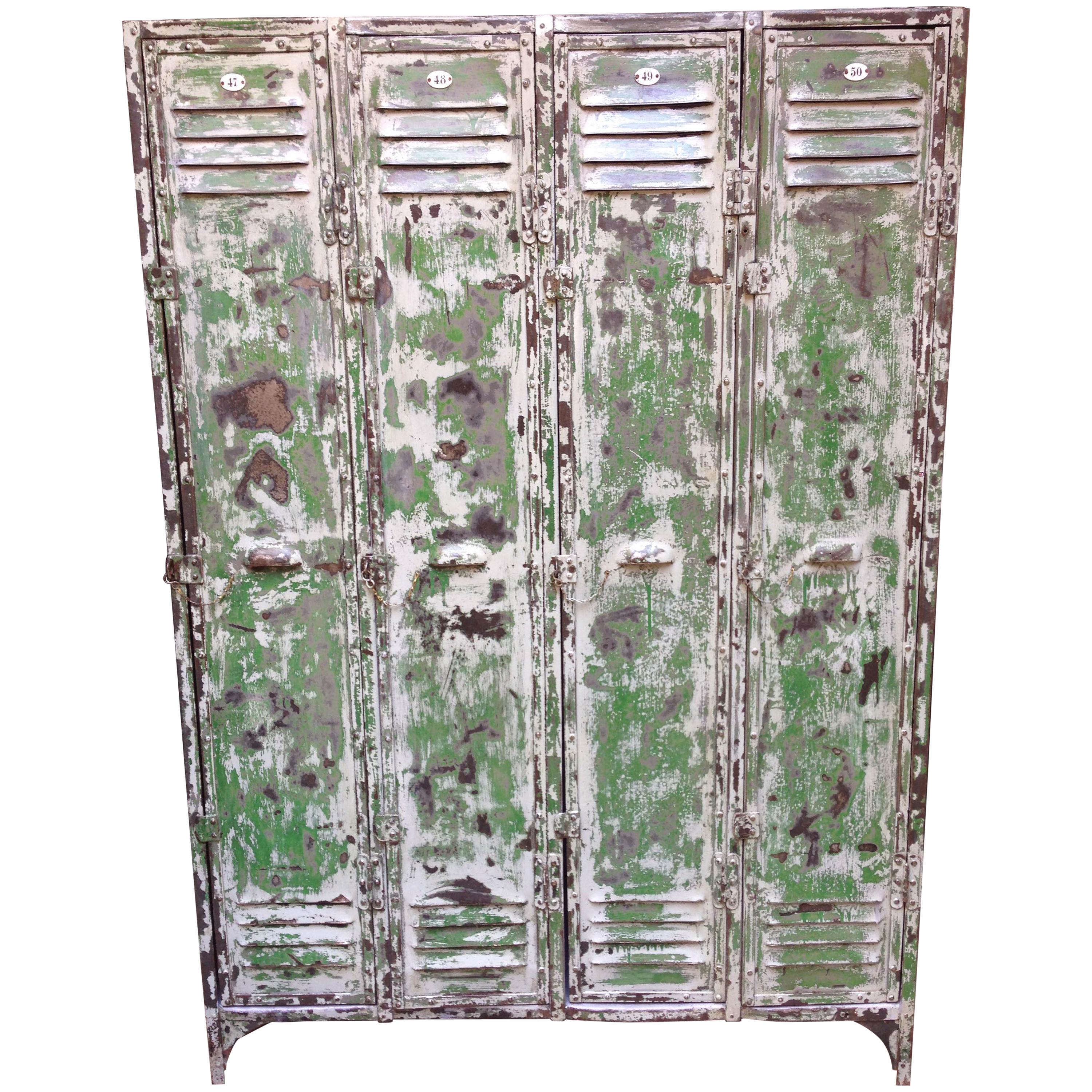 Midcentury, Green Metal Industrial French Cabinet, Locker, 1950 For Sale