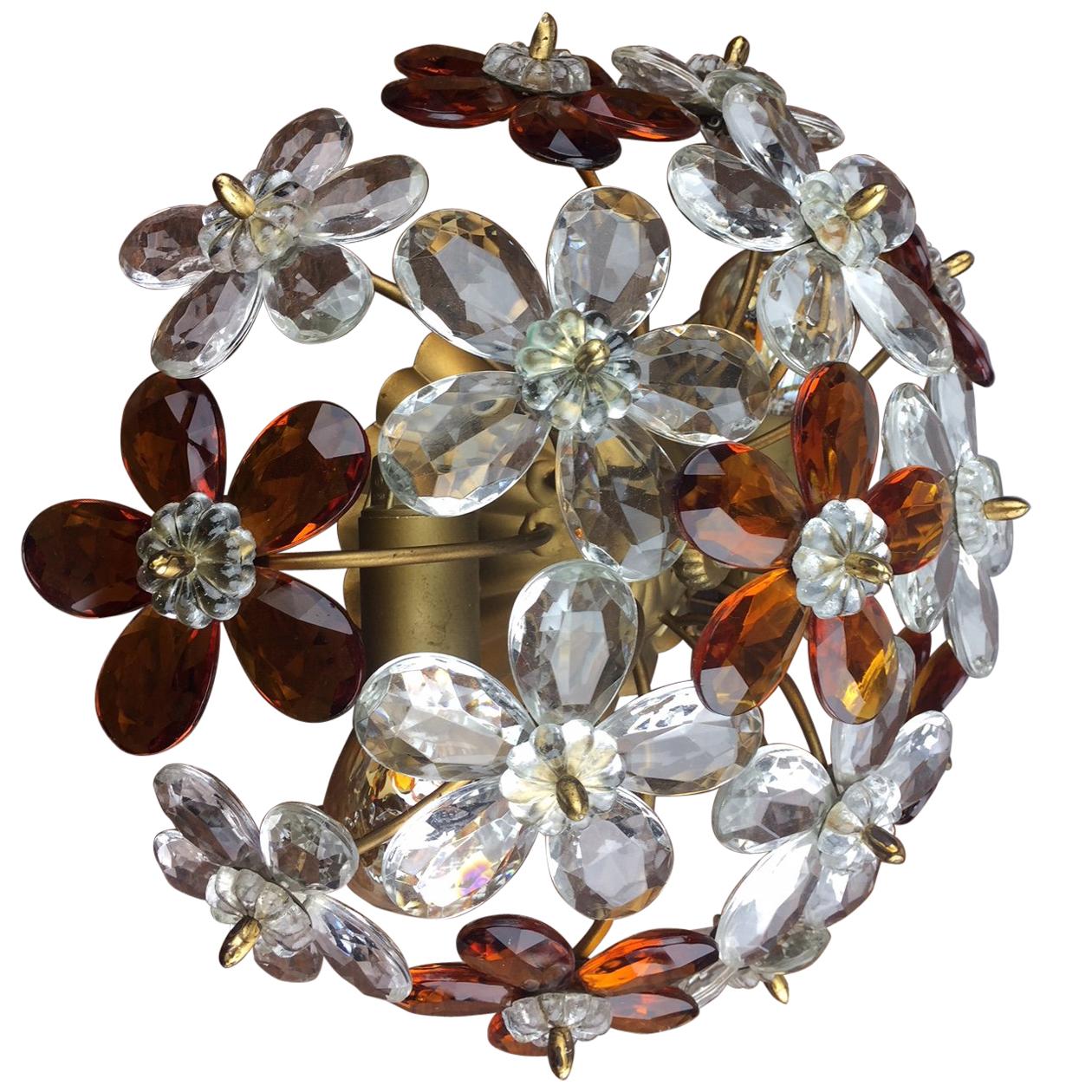  Floral Flush Mount With Crystal Flowers , Italy, Mid-20th Century 