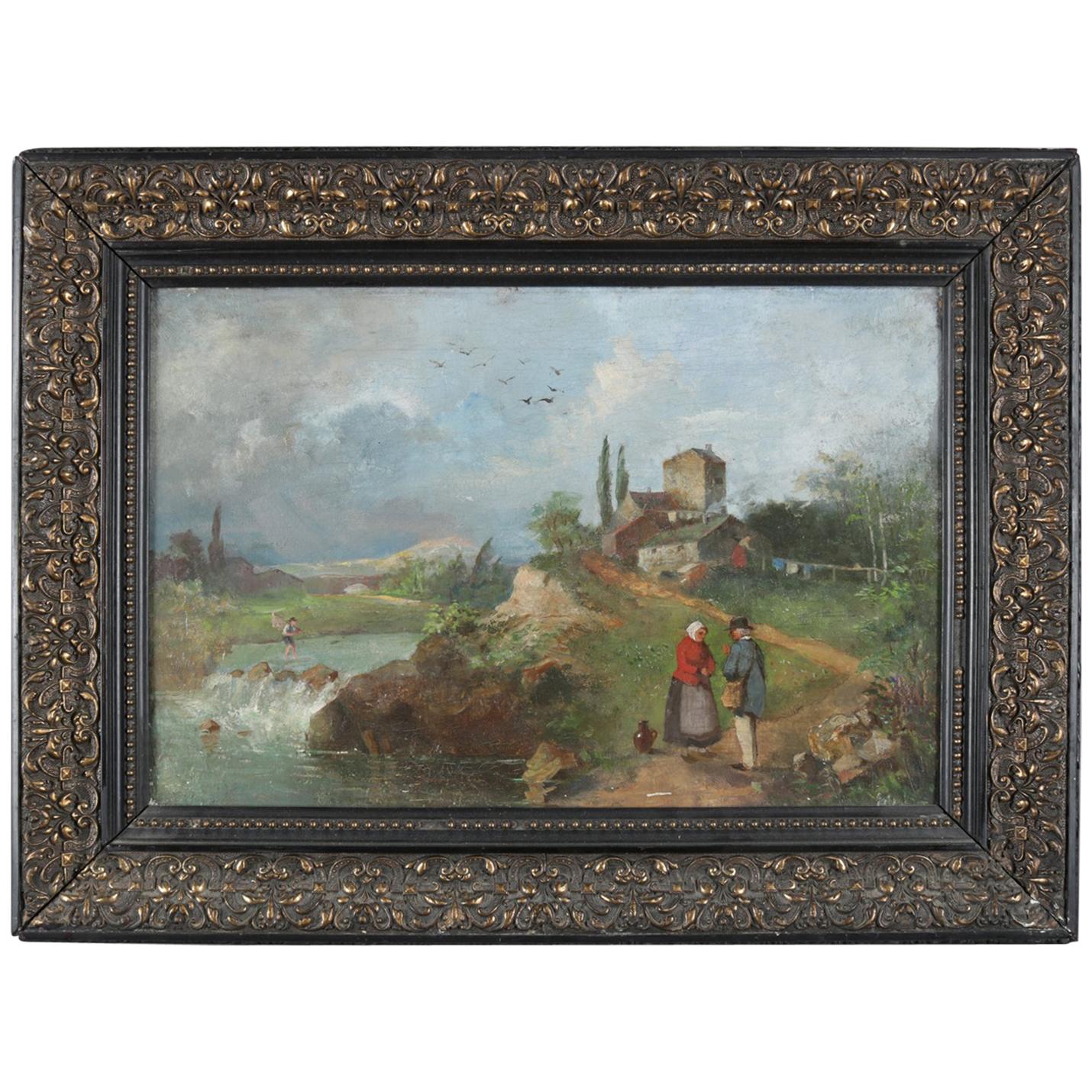 Antique Oil on Canvas Landscape Painting with Farm & Figures, 19th Century
