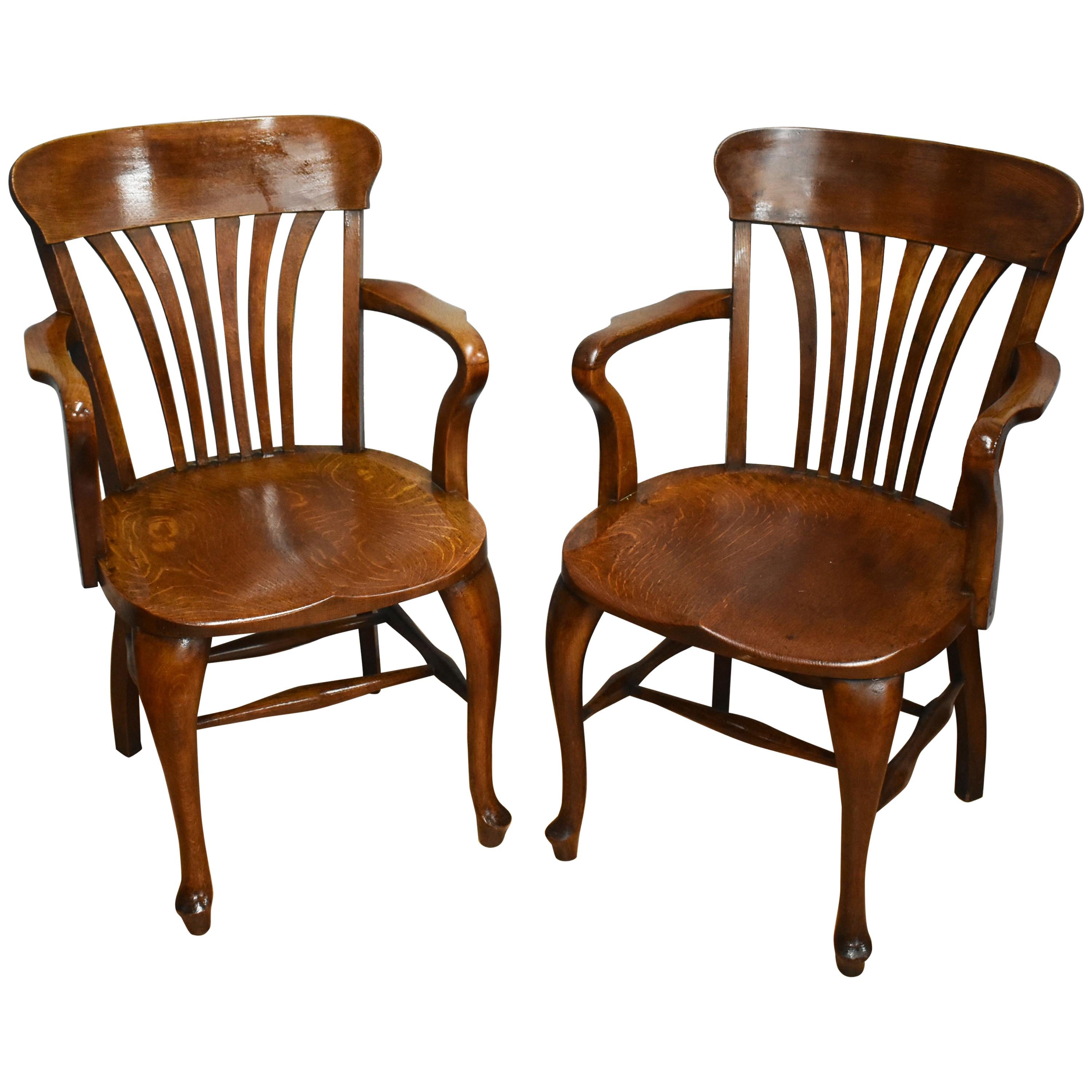 Pair of 20th Century Edwardian Solid Oak Desk Chairs