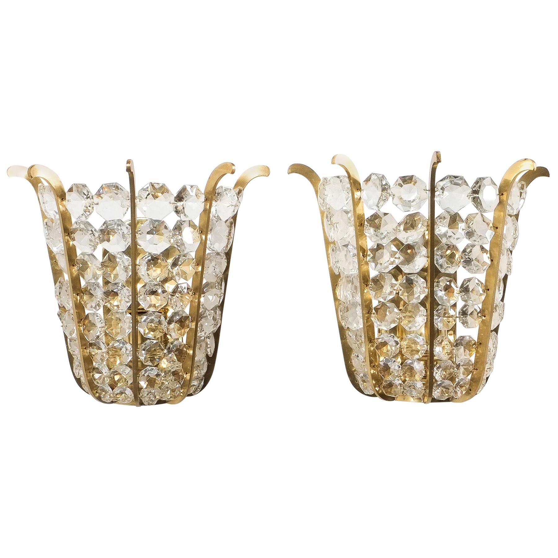 Multiple Bakalowits Crown Sconces (4) Brass and Glass, Austria 1950 For Sale