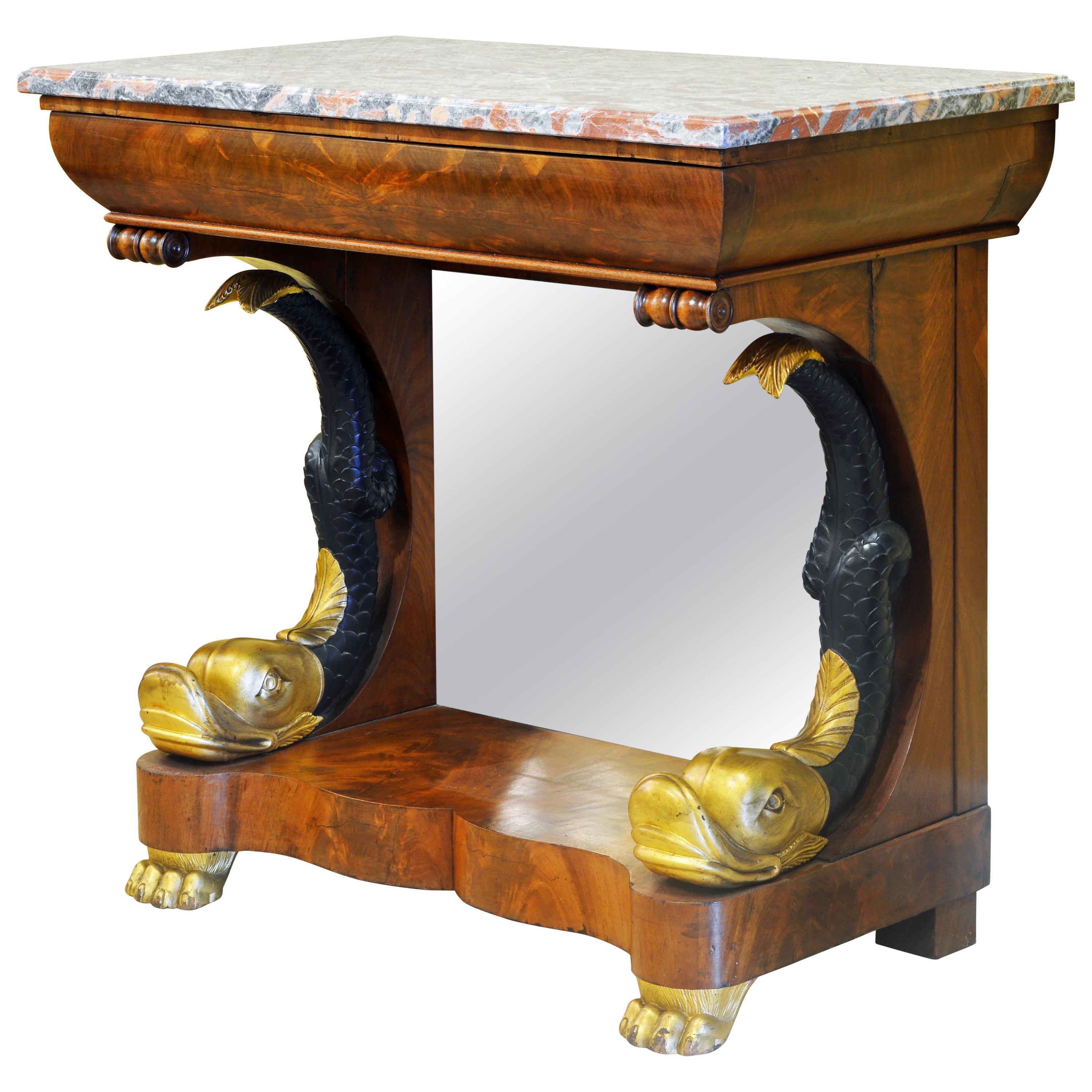 Mid-19th Century English Carved and Parcel Gilt Marble Top Dolphin Console Table